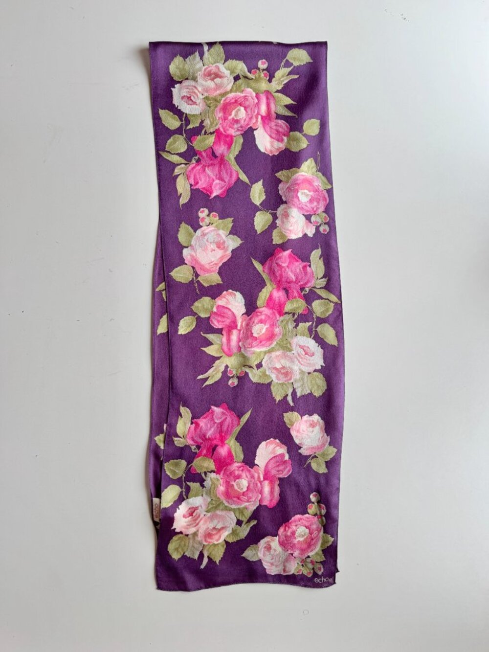 Vintage ECHO Purple Pink Floral Print Silk Charmeuse 59" x 9.5" Rectangle Scarf - Picture 3 of 9